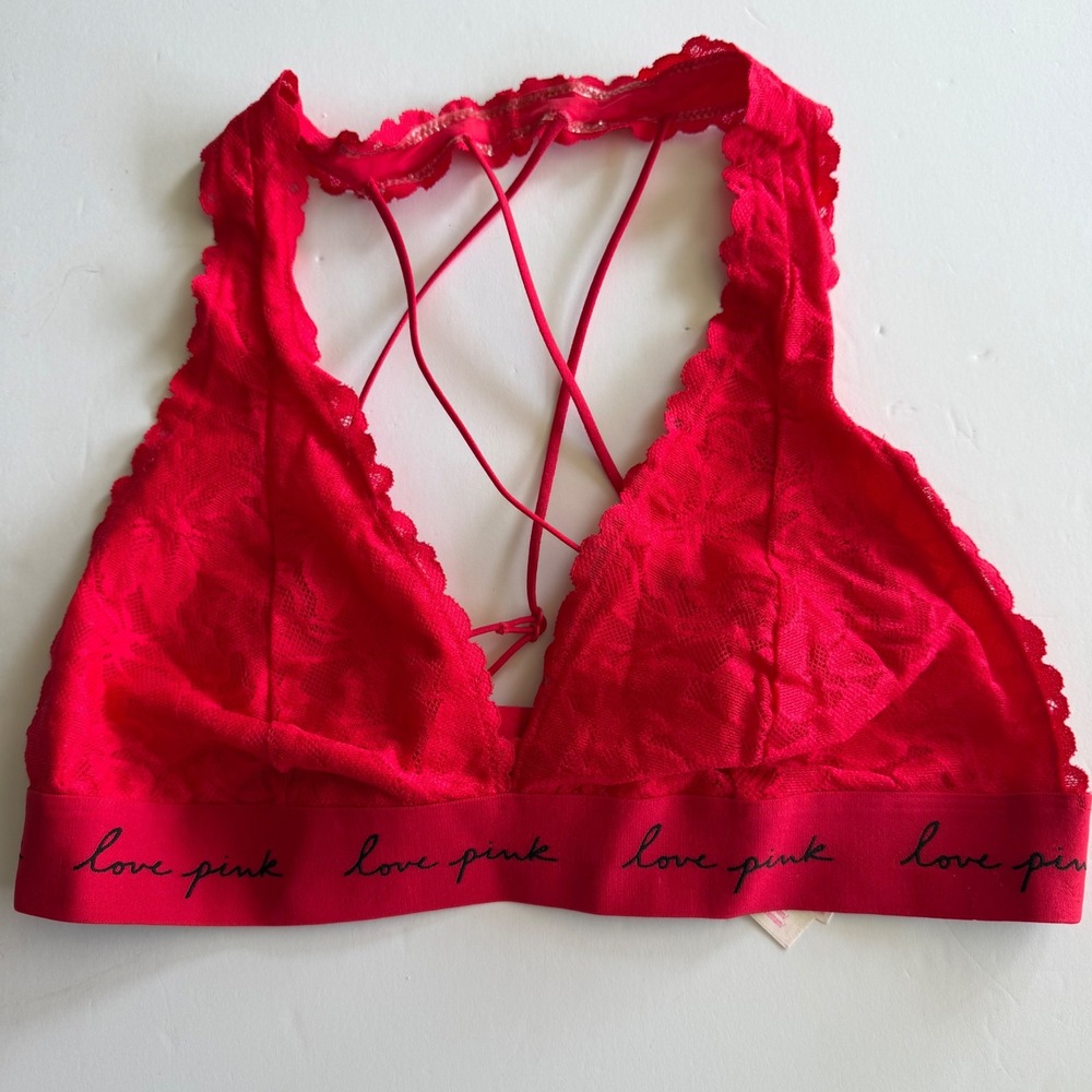 Victoria's Secret PINK Red Lace Strappy Back Bralette Logo Band Large‎